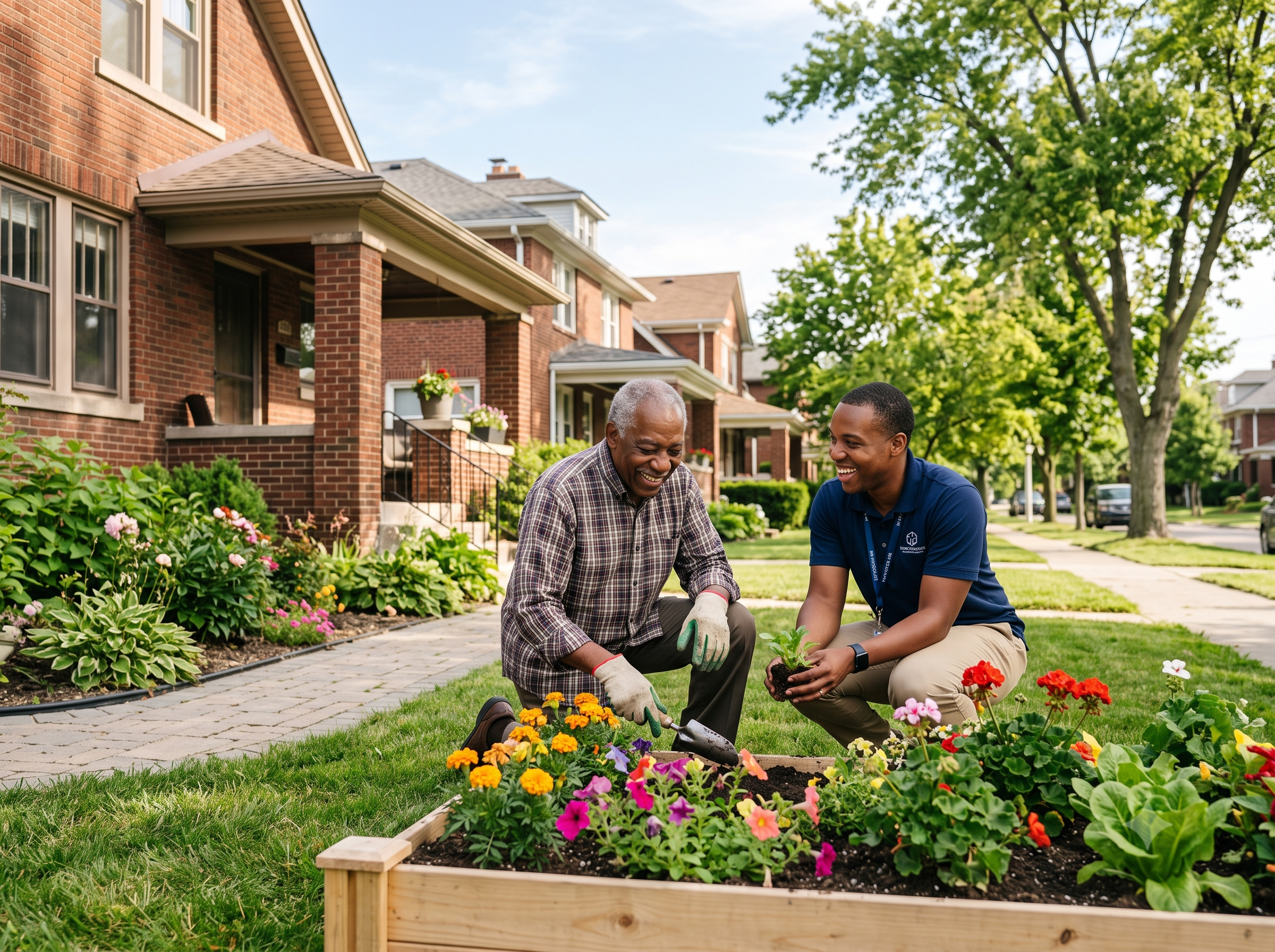 A caregiver and older adult planting flowers together outside a Detroit home