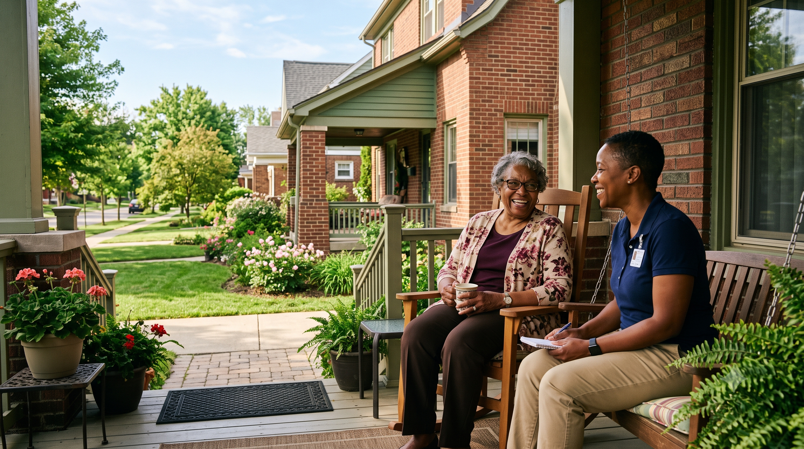 A smiling caregiver and older adult talking on a bright Detroit front porch